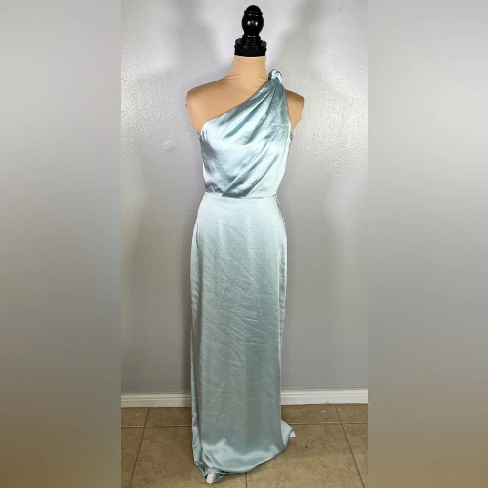 Baby Blue satin one shoulder open back long gown S wedding guest gala formal - Picture 2 of 15